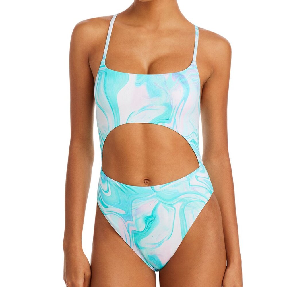 AQUA Swim Swirl Print Cutout One Piece Swimsuit Turq Multi Size XS B4HP